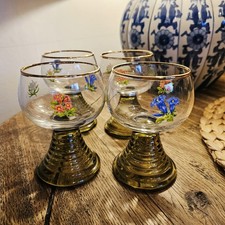 Vintage 1970 hand painted Green Stem German Roemer Hock 4 glasses