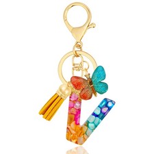 Colorful Resin Initial Letter V Keychain with Butterfly Charm and Tassel Pend...
