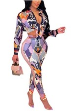 Matching 2 Piece Stretch Co-ord Pink Navy Purple Orange Black Pants Set - Size L