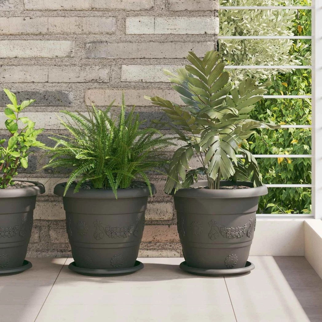 Plant Pots 24 Pack Black Ø26x21.5cm Plastic Drainage Rolled Rim Lightweight Set