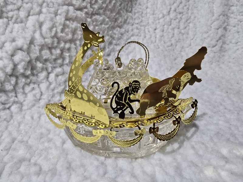 Vintage Noah's Ark Clear Acrylic Boat with Golden brass Trim Christmas Ornament