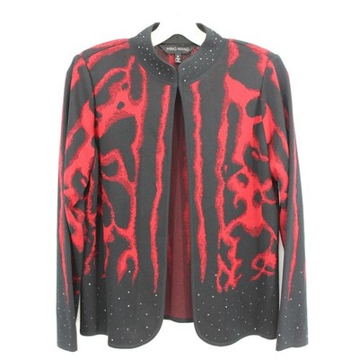 Ming Wang Cardigan Size Small Red Black Rhinestones Print