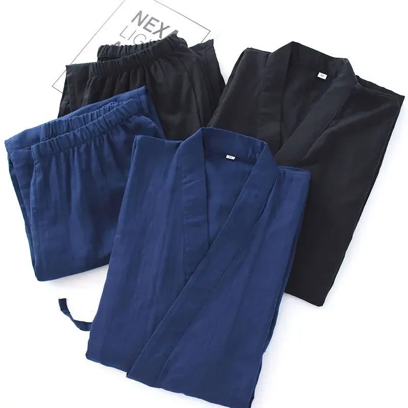 Men's Cotton Kimono Robe Set Lightweight Long Sleeve Lounge Pajama Wear