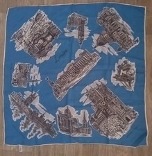 VINTAGE LONDON ENGLAND LANDMARKS SCARF 25 " SQUARE BLUE W/GRAY JAPAN