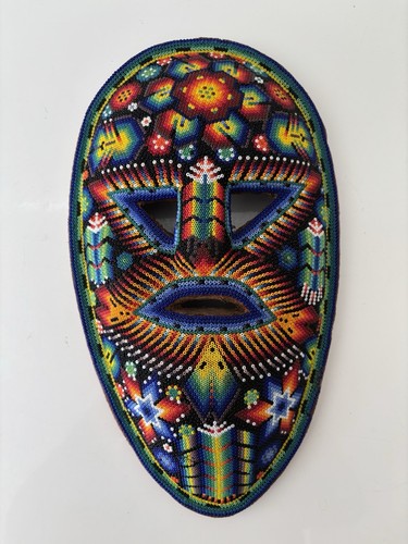 Vintage c.1980’s Mexican Huichol Indian wood BEADED MASK EUC LG 12” - Bild 2 von 4