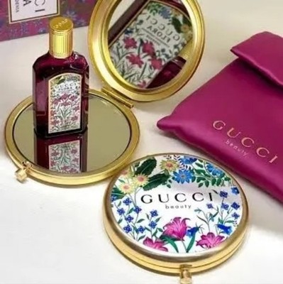 Gucci Beauty Blush Pink Beauty Pouch and Mirror - GWP Gucci Beauty Small Pink Mirror With Floral Pink Pouch New  main image 2