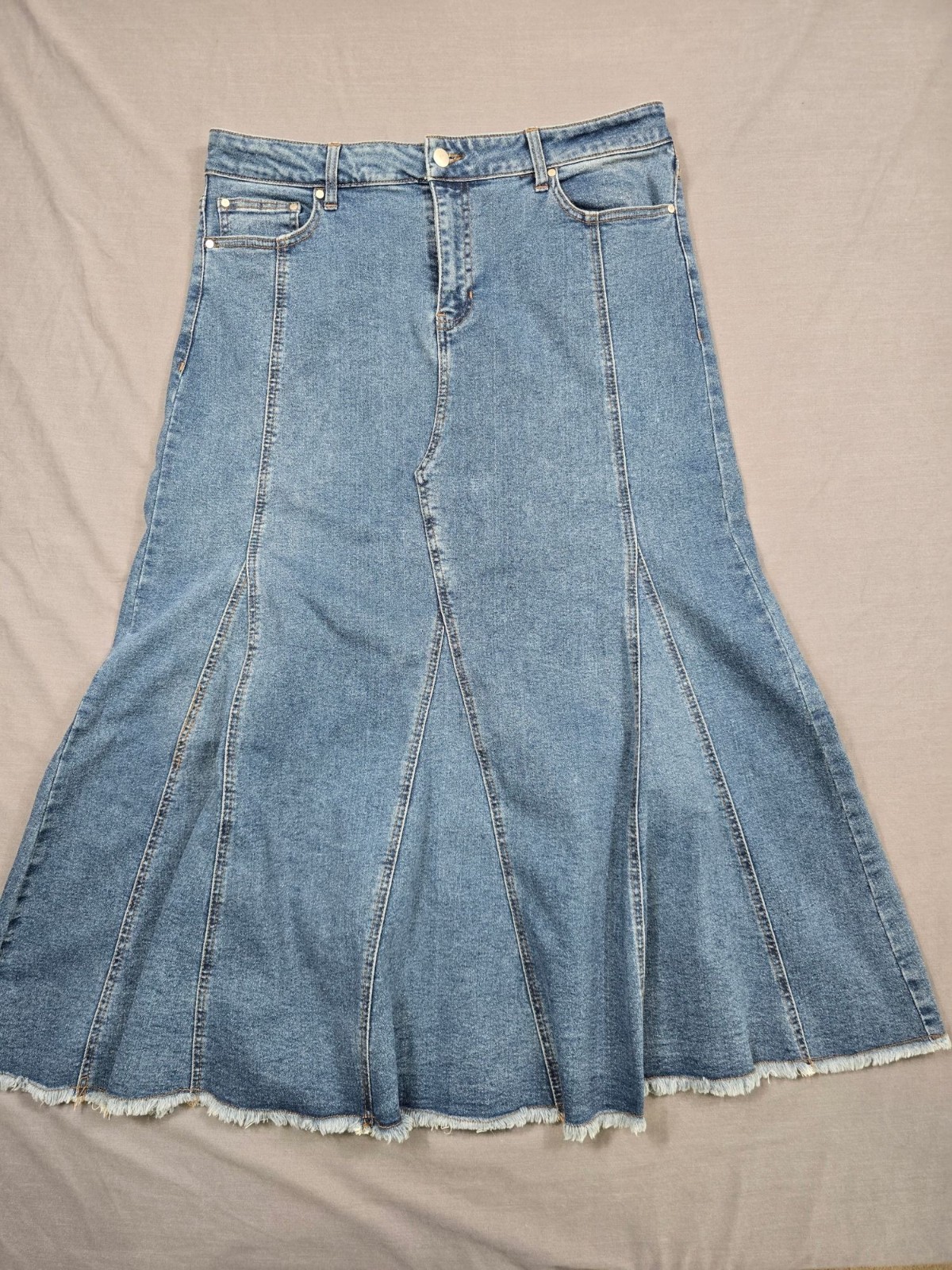 Est 1946 Denim Flared Maxi Skirt Size 14 Boho Western Raw Hem-image