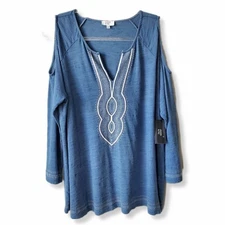 Crown & Ivy Chambray Blue Cold Shoulder Top L Embroidered Boho Hippie Tunic NEW