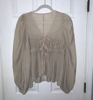 Missguided Women Taupe Gray Size S Sheer Long Balloon Sleeve Lightweight Top