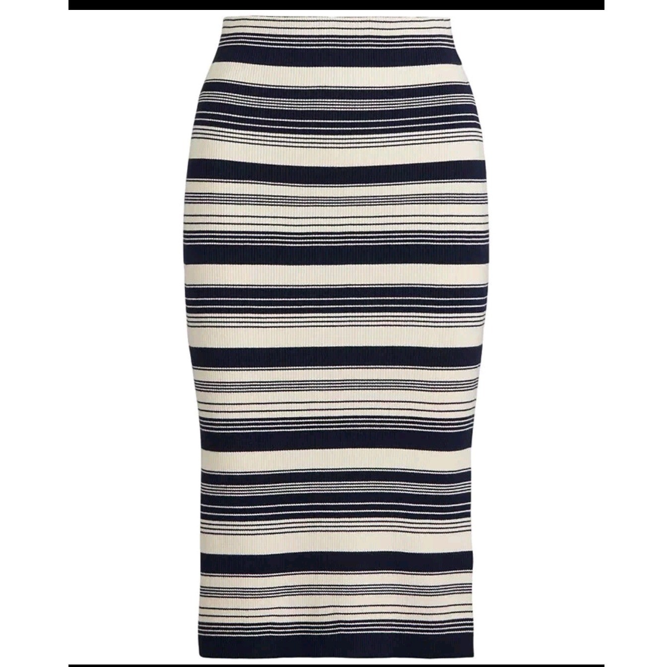 NWT Lauren Ralph Lauren Black Label Striped Knit Midi Pencil Skirt Navy Cream  L thumbnail 2