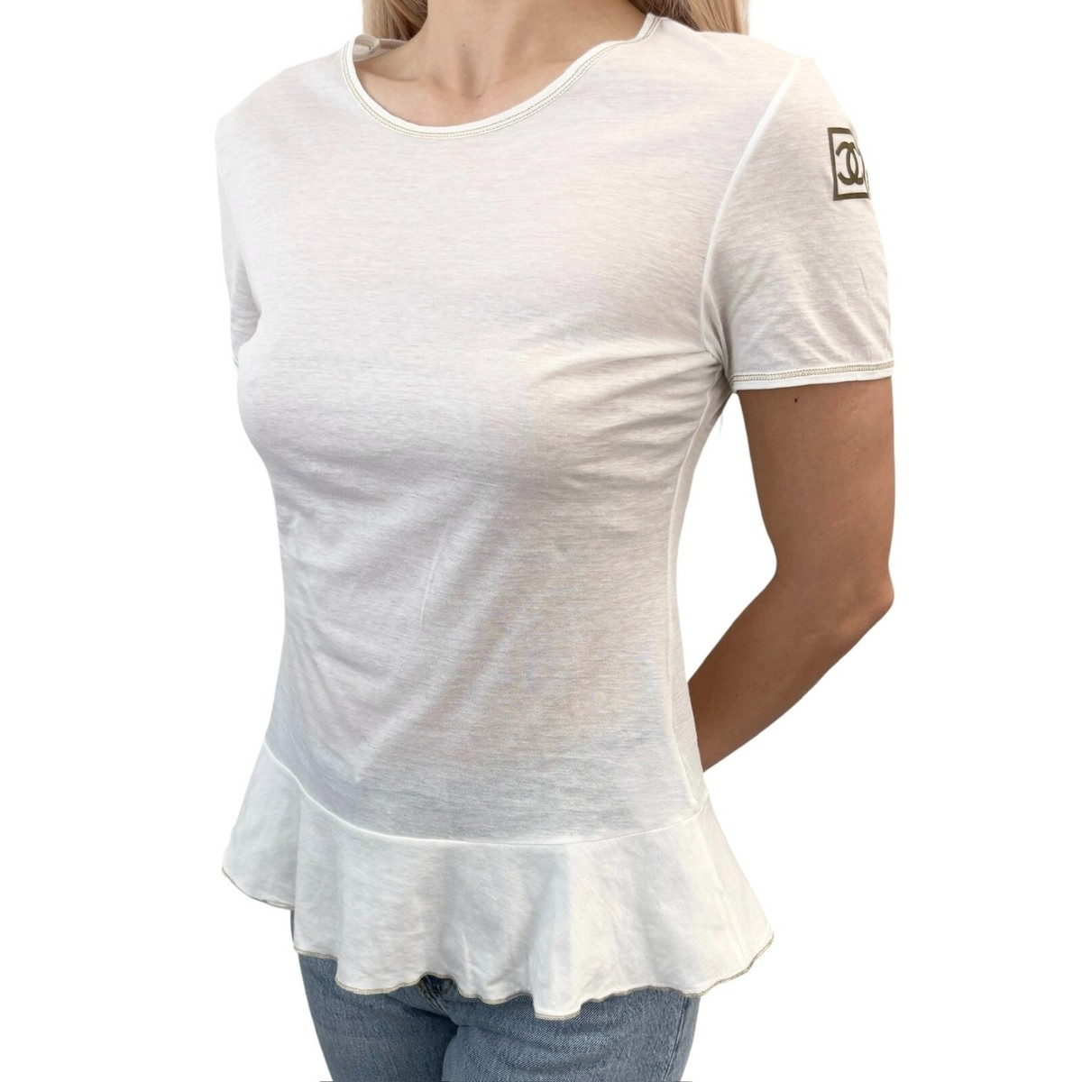 CHANEL Sport Vintage 06P CC Mark Logo T-shirt Top #38 White Gold