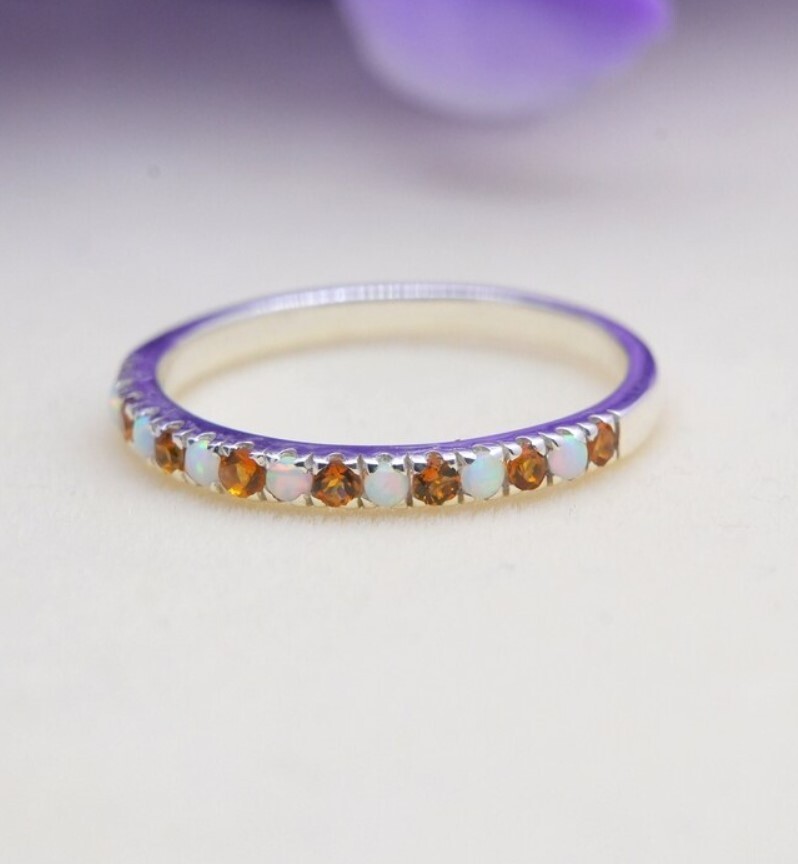 Natural Opal Citrine Half Eternity Band in 14K White Gold Plated