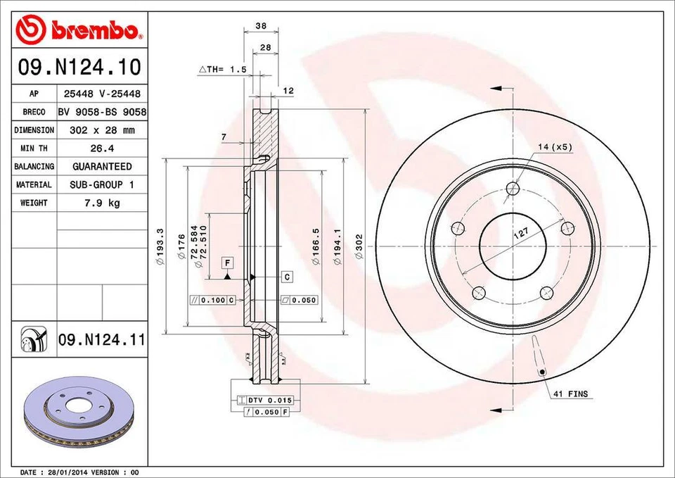 Rotor de freno de disco delantero Brembo 09.N124.11 302 mm para Dodge Grand Caravan 2008-2016 Foto 3 de 4