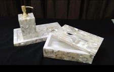 Mother of Pearls Stone Marble Bathroom Set Set of 3 Pcs Tissue Box, Handmade Art