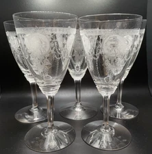 Heisey Pied Piper Etched Crystal Water Goblet Set of Five Delicate Glass Vintage