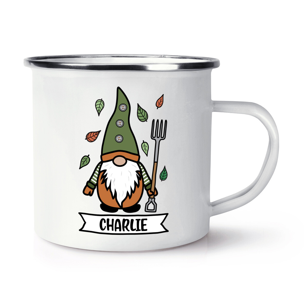 Personalised Gonk Gnome Green Orange Garden Enamel Mug Cup Cup Christmas Gift