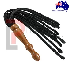 Wooden Handle Black Cat-o-Nine Tails Genuine and Real Leather Flogger 