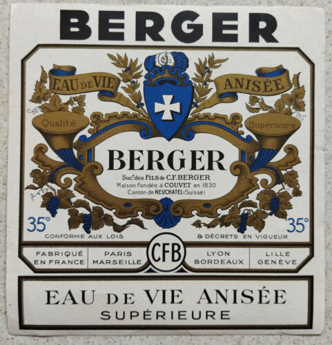 ancienne étiquette - BERGER Eau de Vie anisée 35° CFB - pas pastis pas Ricard - Afbeelding 1 van 2