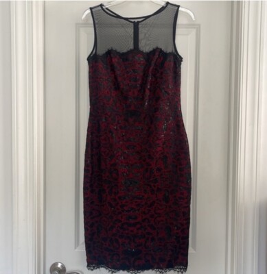 Tadashi Shoji Red Lace Dress Sequin Mesh Cocktail Party Date Prom  Valentines | eBay