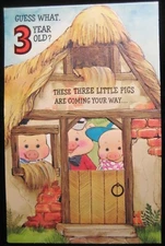 Vintage Birthday Greeting Card Three Little Pigs Child Tri-Fold Forget me not Cd