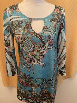 B.L.E.U. Woman s Boho Hippy Vibrant Colored Top W Sparkle Studs NWOT Size Small