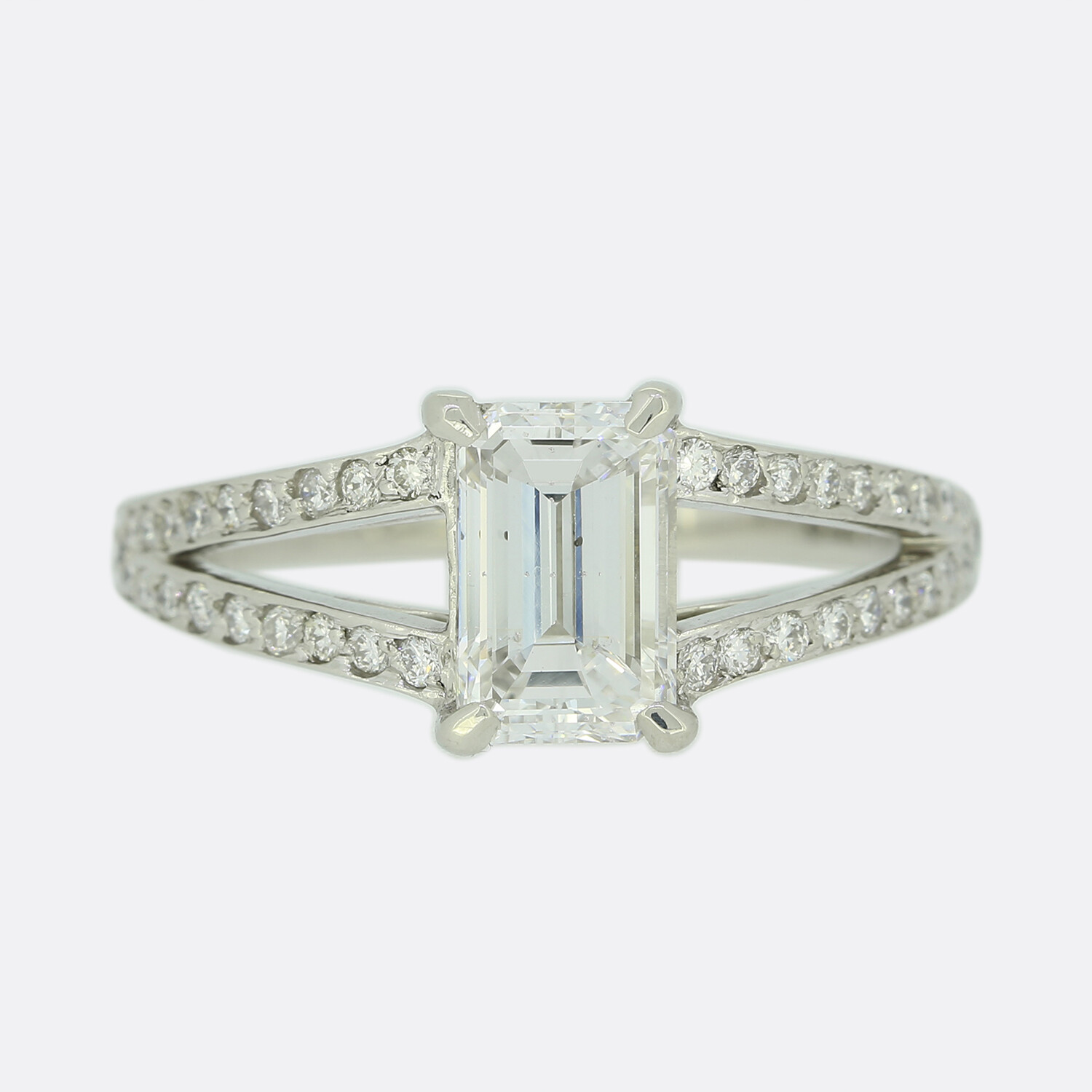 Emerald Cut Diamond Split Shank Ring Platinum 1.3… - image 1
