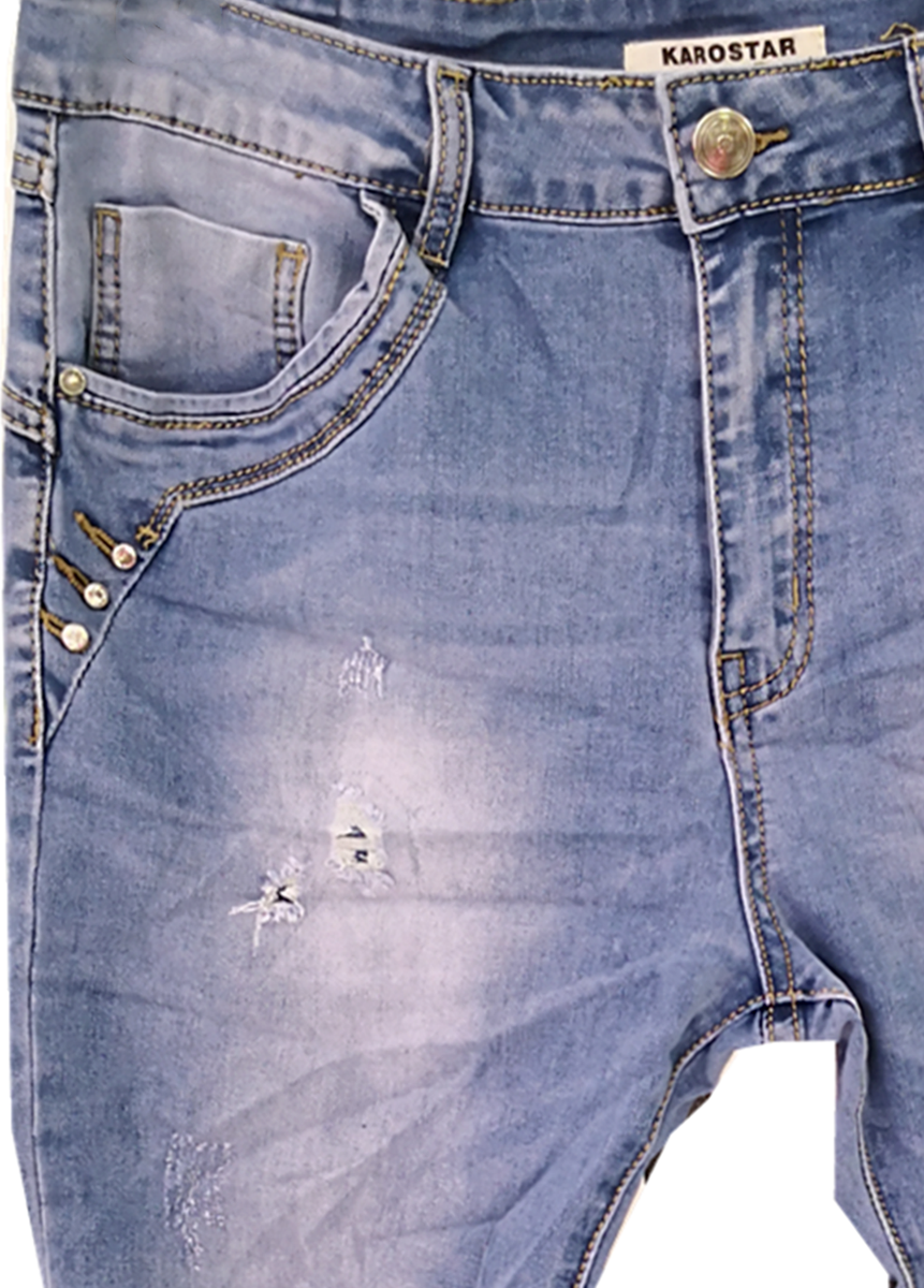 KAROSTAR Damen Jeans Baggy Denim Flicken Risse stretch hell Blau
