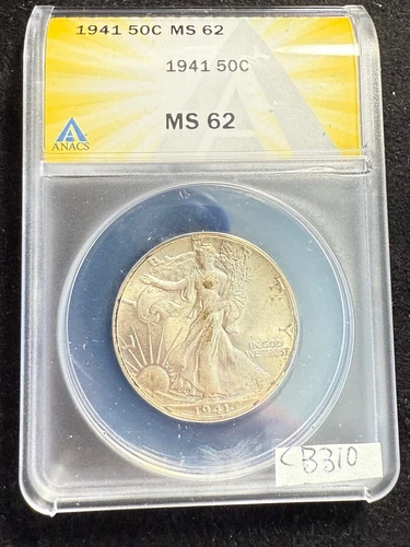 EDGE TONED 1941 Walking Liberty Silver Half Dollar 50c ANACS MS62 cb310