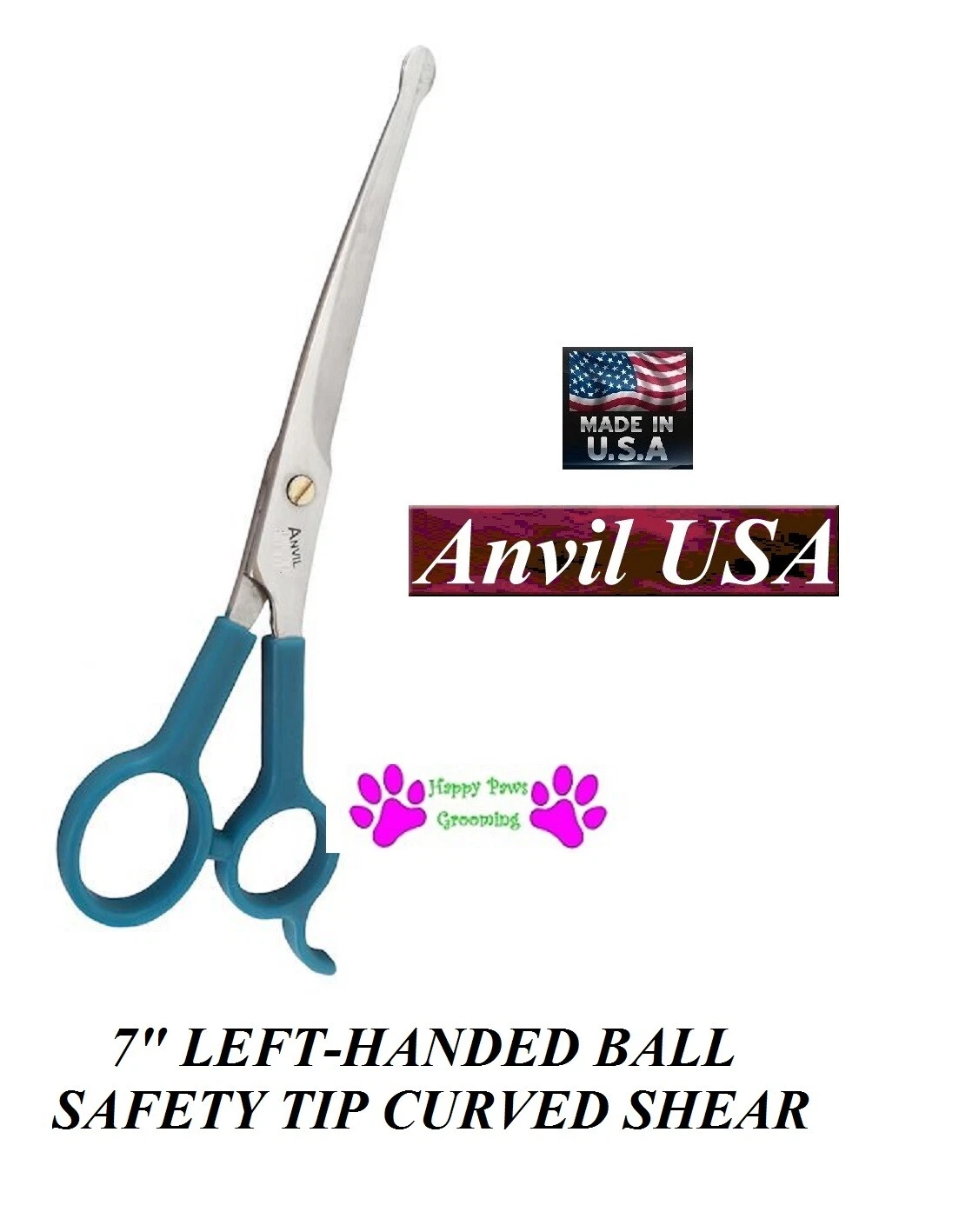 ANVIL 7" LEFT-HAND BALL SAFETY TIP CURVED SHEAR 440C STEEL Scissor PET GROOMING