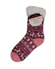 Sherpa Lined Women's Pink Soft  Warm Woven Slipper Socks - One Size Fits Most