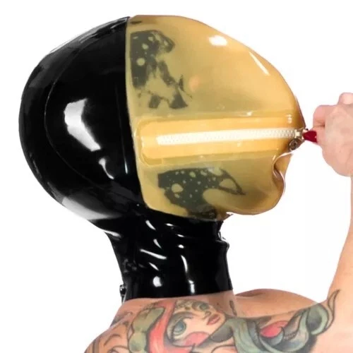 Black & transparent Latex Hood with Face Shield Mask Cover Back Zipper Party 0.4
