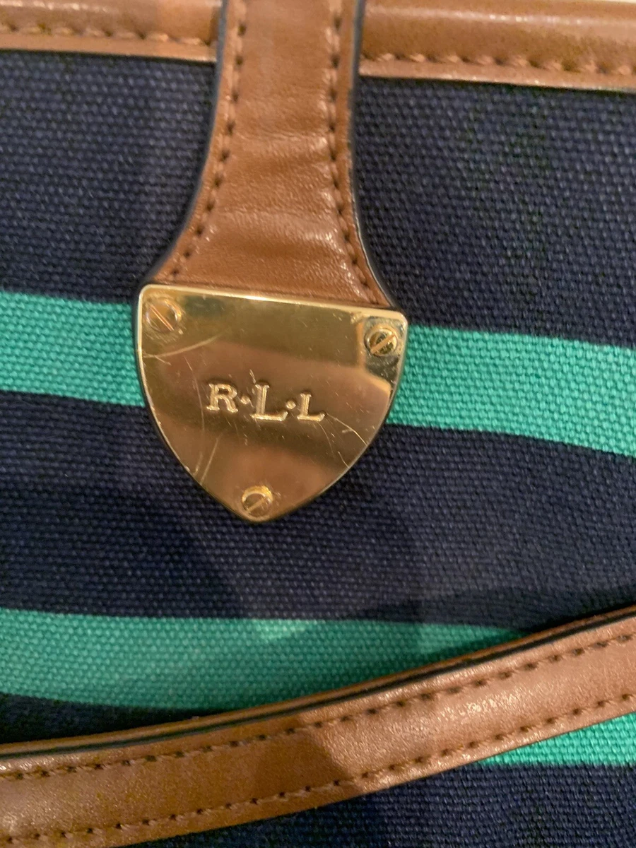 Ralph Lauren Green Blue Striped Canvas Leather Large Tote Purse Handbag