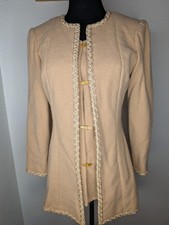 Beige Ladies Formal Gold Clasp Satin Lined Blazer Boucle Scroll Lace Trim Sz M