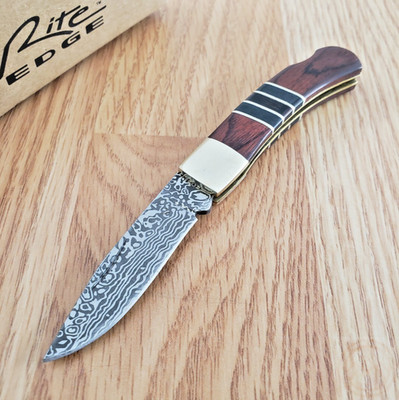 Sleek Lockback Folding Knife 2'' Stainless Steel Blade Brown/Black Wood Handle