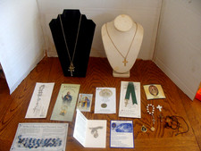 Lot of Religious Prayer Cards Cross Necklaces Saint Medals Rosary Beads