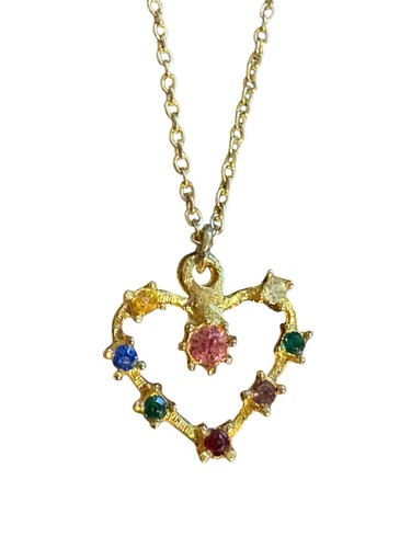 Gold Tone Multi Color Rhinestone Heart Necklace Pendant - Picture 14 of 16