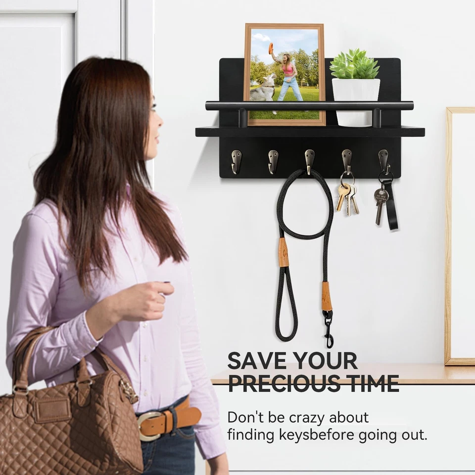 KISENG Key Holder Wall Mount Decorative Key Rack with Shelf & 5 Sturdy Hooks ... - Image 3 of 4