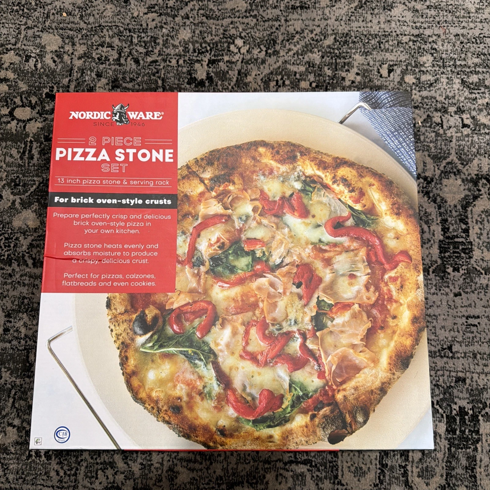 2 Piece Ceramic Pizza Stone with Steel Holder 13" x 13" Absorbs Moisture