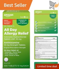Allergy Relief Tablets Cetirizine Hydrochloride 10mg 300 Count Indoor Outdoor