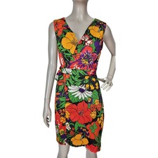 Vintage 60s Hawaiian Floral Sleeveless Bold Colorful Faux Wrap Dress Size S/M