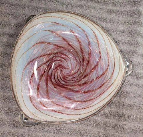 Vintage Murano? Art Glass Pink White Copper Swirl Candy Dish Unique Shape