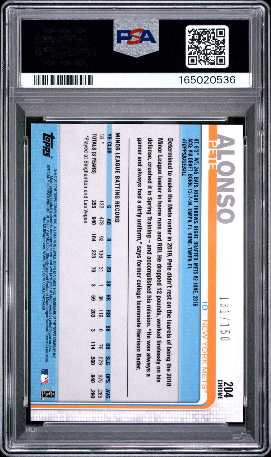 2019 TOPPS CHROME BLUE REFRACTOR #204 PETE ALONSO ROOKIE RC 131/150 PSA 9 view 2