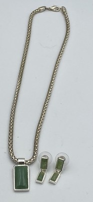 Vintage ROMAN Brand Green Pendant Necklace & Matching Earrings Silver Tone