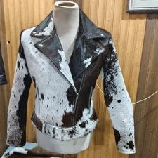 Women Cowhide Leather Biker Jacket Real Fur Wester Pony hair Style Moto Coat