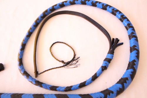 GENUINE LEATHER 4 FT, 8 PLAITED QUALITY BULLWHIP/Snake Whip, BLUE & BLACK Whip - Picture 8 of 9