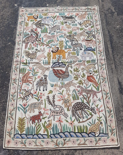 Vintage Woven Traditional Kashmiri Animal Folk Art Multicolor Kilim Rug 148x92cm