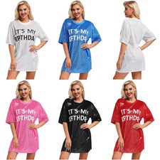 Women Skirt Print Clubwear Fashionable Dress Round Neck Shirt Birthday Sequins