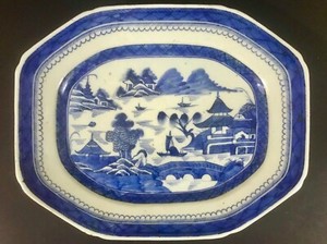 Large Chinese Qianlong Period Export Blue & White Octagon Porcelain Plate