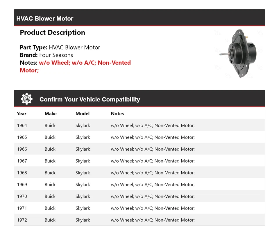 Motor de soprador AVAC Buick Skylark 1964-1972 4 estações 1965 1966 1967 1968 1969 - Imagem 2 de 4
