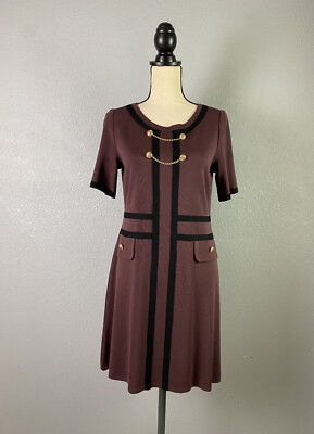 Ming Wang Button Detail Contrast Trim Soft Knit Dress Auburn Brown Black XS $220